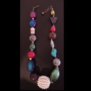 Artisan Mixed Media Beaded Necklace OOAK Colorful Hook Clasp Unsigned